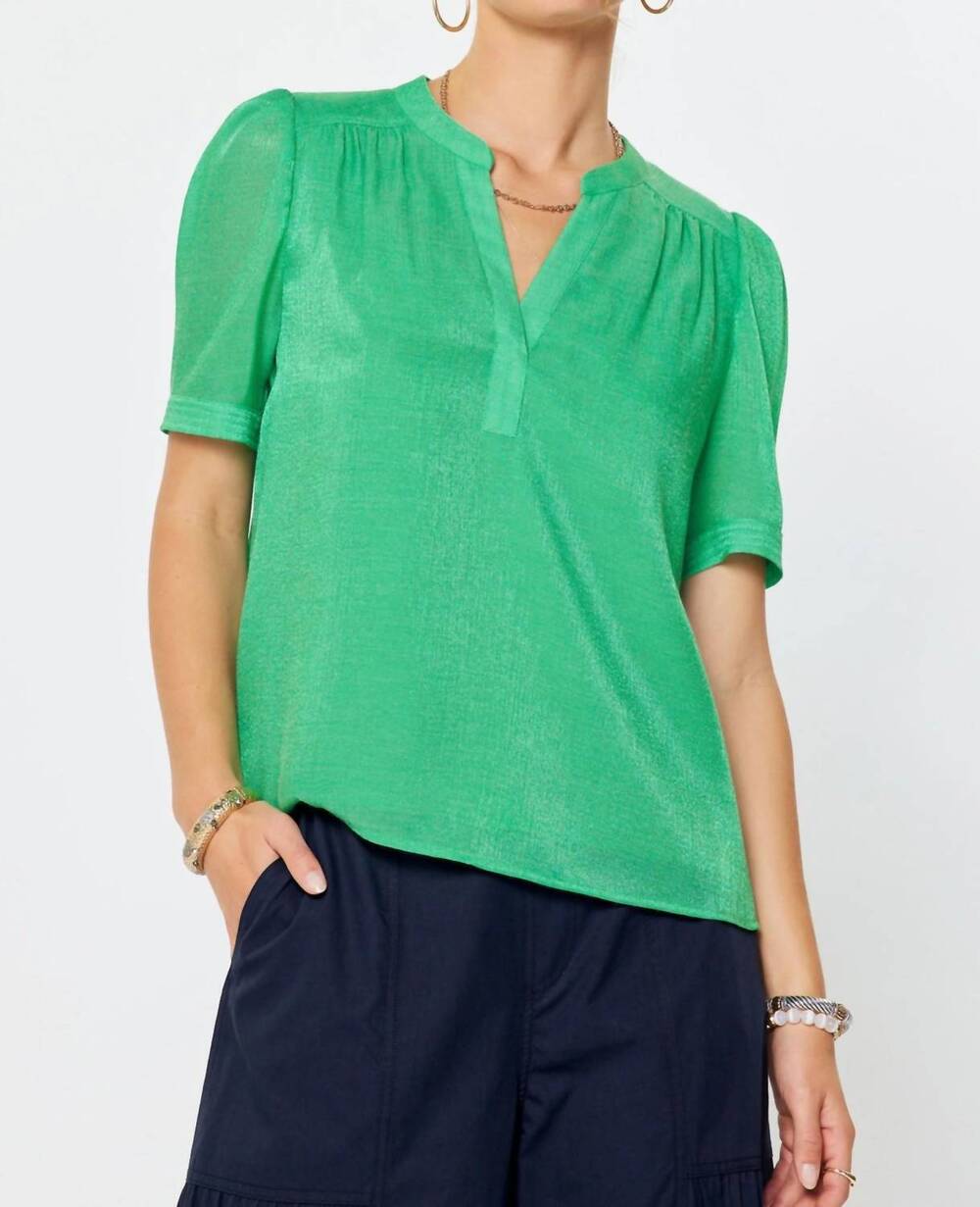 NEW CURRENT AIR split neck short sleeve blouse in cool aloe